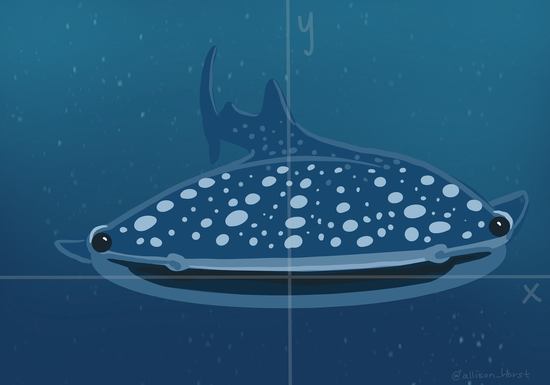Illustration of a whale shark, with the face directly facing the viewer. There are subtle x and y axes overlaid onto the illustration. The whale shark’s oblong mouth is oriented horizontally along the x-axis. The whale shark looks friendly and has a slight smile on its face.